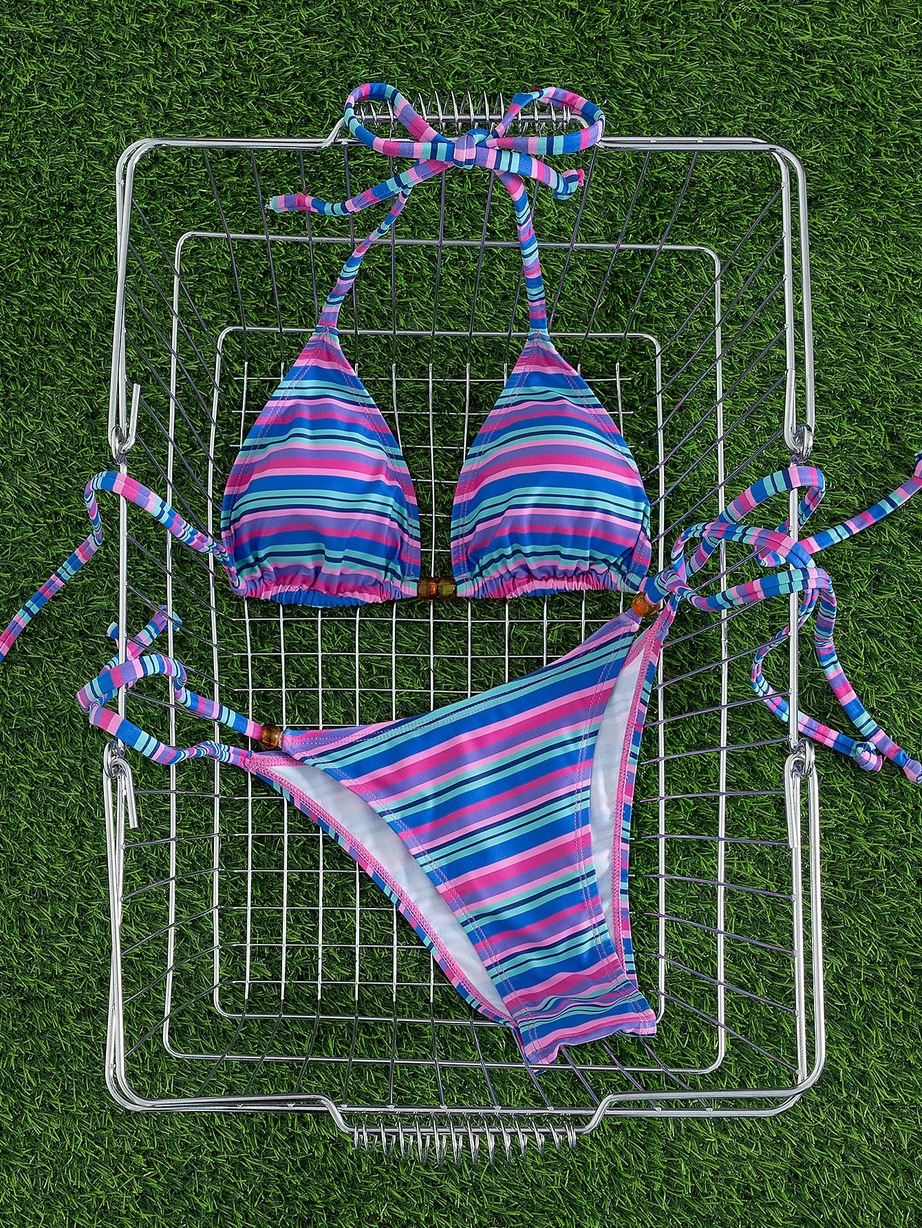 New Stylish Halter Neck Tie-Up Striped Bikini Set For Women, Includes Triangle Top And Bottom Vacation Beach Summer, Aesthetic