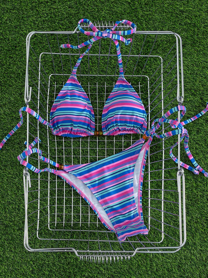 New Stylish Halter Neck Tie-Up Striped Bikini Set For Women, Includes Triangle Top And Bottom Vacation Beach Summer, Aesthetic