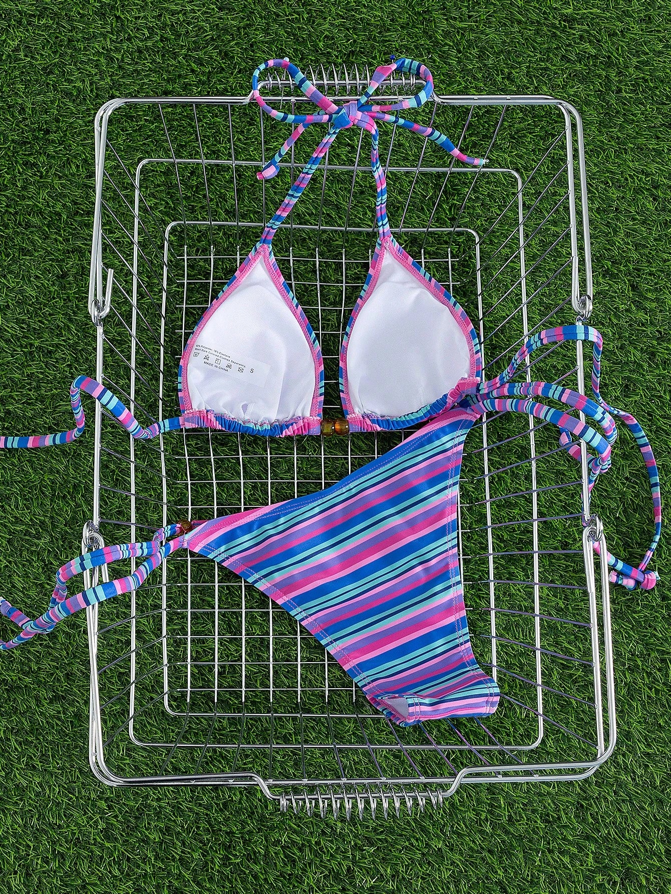 New Stylish Halter Neck Tie-Up Striped Bikini Set For Women, Includes Triangle Top And Bottom Vacation Beach Summer, Aesthetic