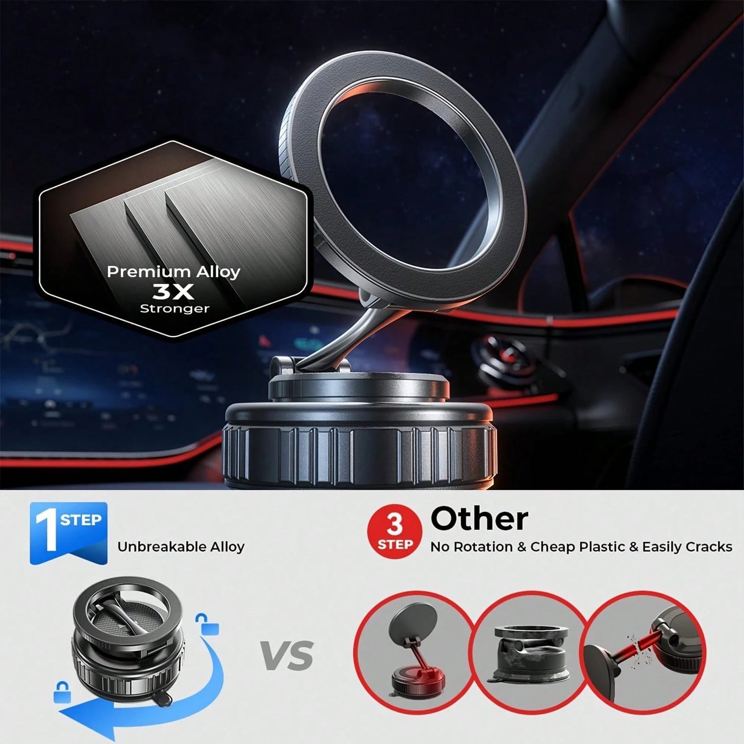New Upgraded Aluminum Alloy Magnetic Vacuum Car Phone Holder, Compatible With Magsafe, Adjustable Rotating Base, Suction Cup Alloy Sturdy Phone Mount, Suitable Compatible With Apple 17 Pro Max, 360° R