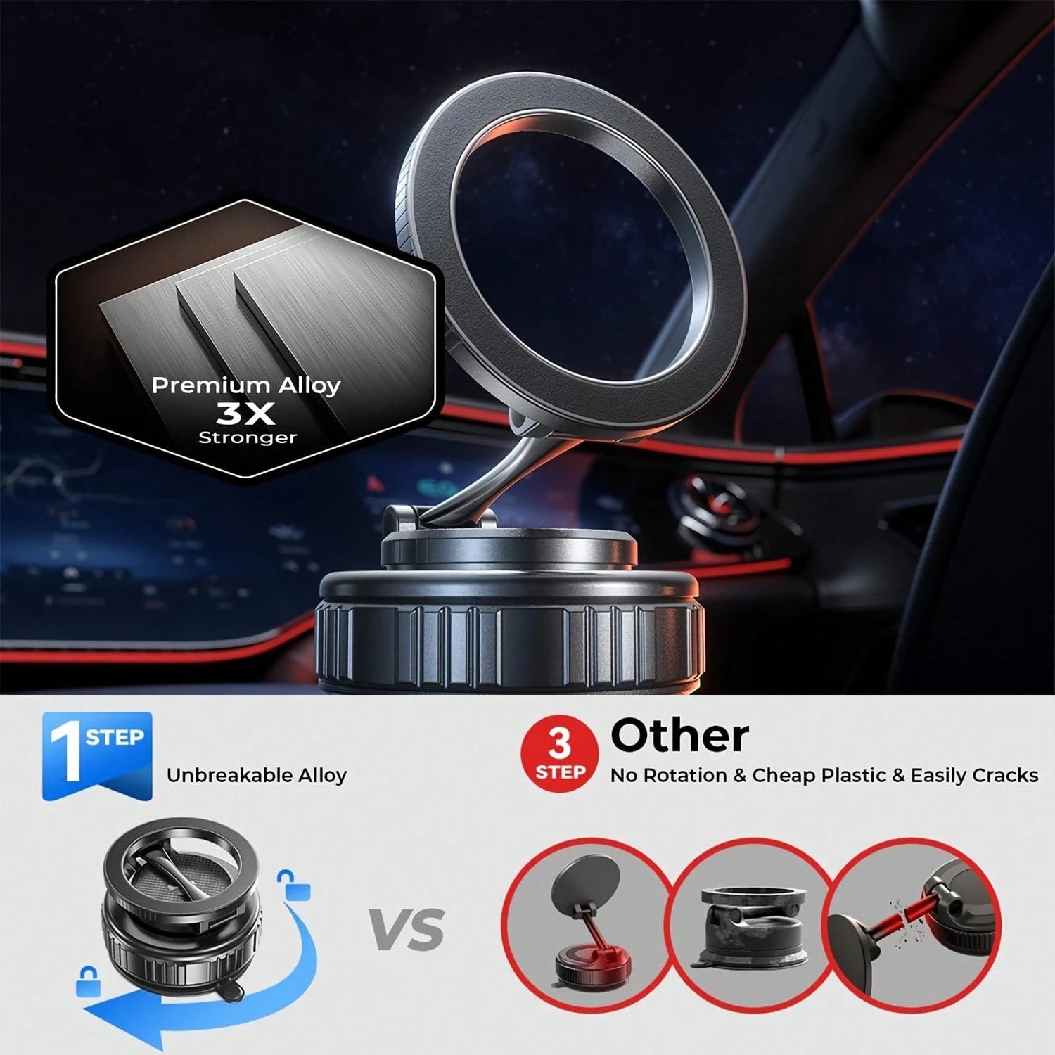 New Upgraded Aluminum Alloy Magnetic Vacuum Car Phone Holder, Compatible With Magsafe, Adjustable Rotating Base, Suction Cup Alloy Sturdy Phone Mount, Suitable Compatible With Apple 17 Pro Max, 360° R