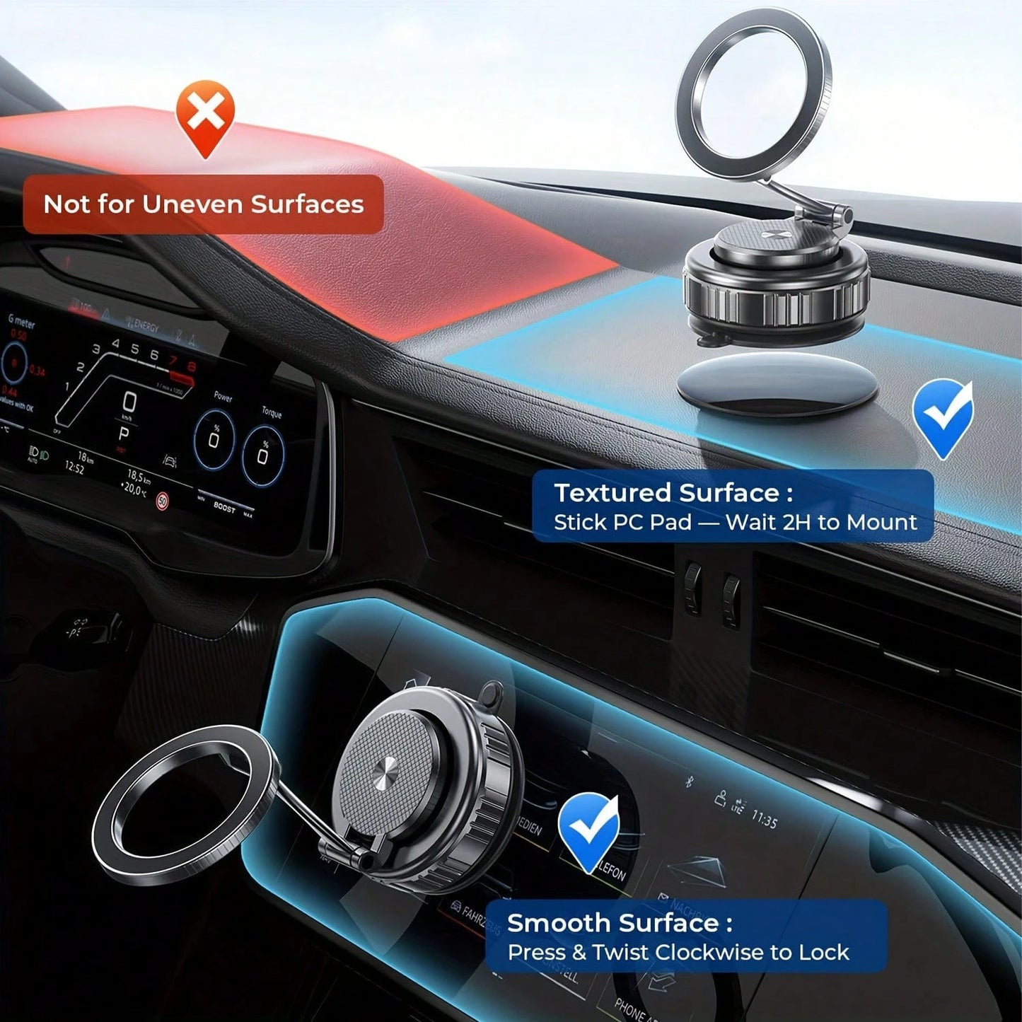 New Upgraded Aluminum Alloy Magnetic Vacuum Car Phone Holder, Compatible With Magsafe, Adjustable Rotating Base, Suction Cup Alloy Sturdy Phone Mount, Suitable Compatible With Apple 17 Pro Max, 360° R