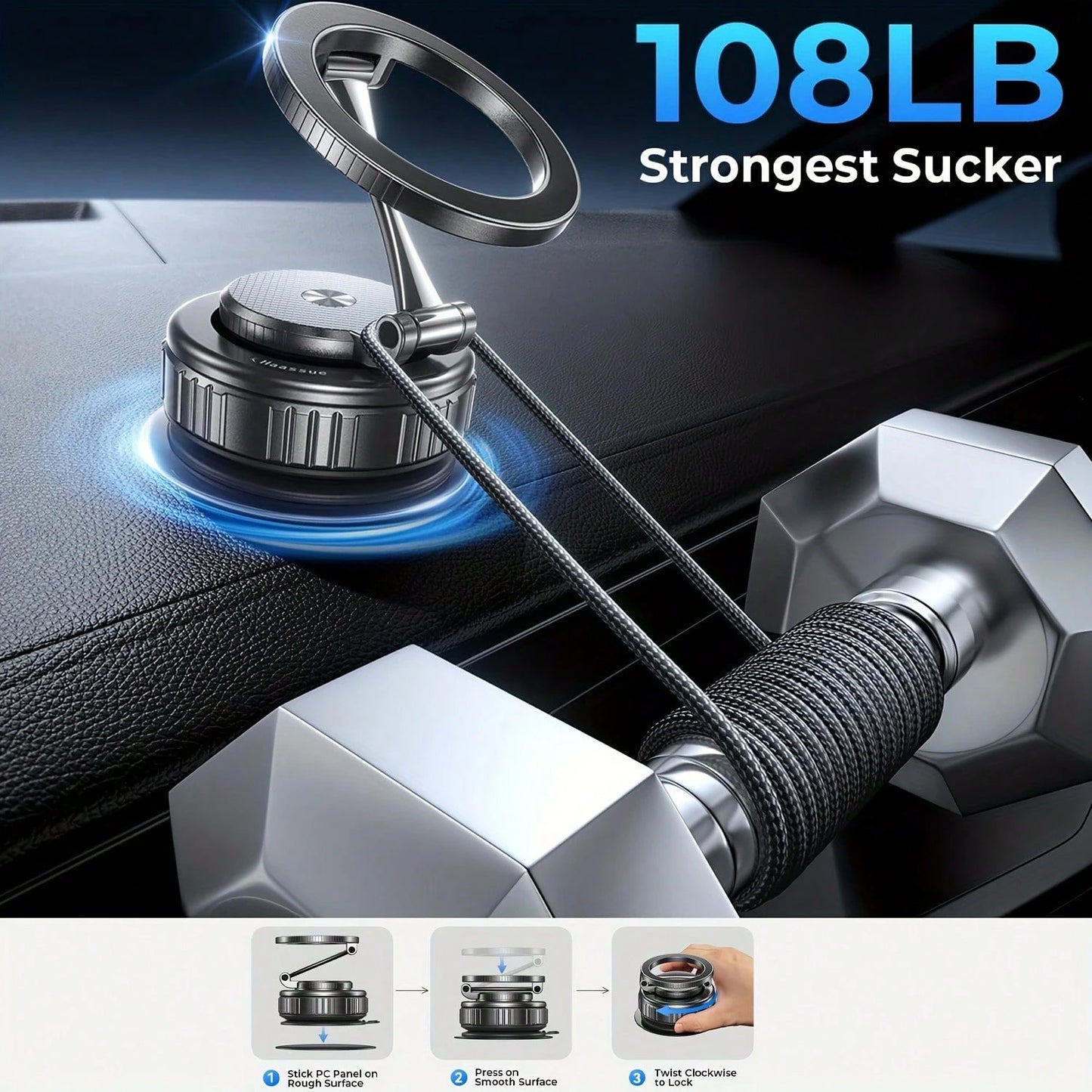 New Upgraded Aluminum Alloy Magnetic Vacuum Car Phone Holder, Compatible With Magsafe, Adjustable Rotating Base, Suction Cup Alloy Sturdy Phone Mount, Suitable Compatible With Apple 17 Pro Max, 360° R