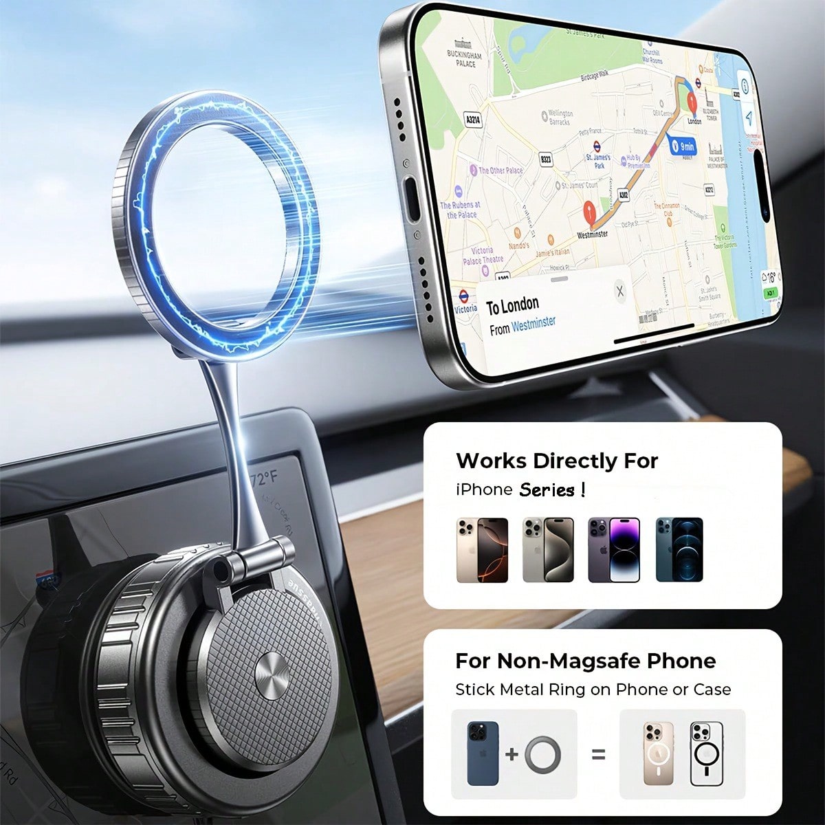 New Upgraded Aluminum Alloy Magnetic Vacuum Car Phone Holder, Compatible With Magsafe, Adjustable Rotating Base, Suction Cup Alloy Sturdy Phone Mount, Suitable Compatible With Apple 17 Pro Max, 360° R