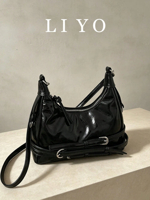 New Women's Fashion Versatile Leather Belt Buckle Decor Large Capacity Commuter Shoulder Crossbody Bag