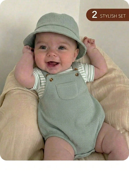 Newborn Baby Boy Casual Cute Striped Short Sleeve T-Shirt And Green Jumpsuit Set