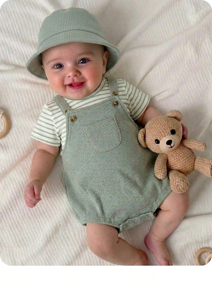Newborn Baby Boy Casual Cute Striped Short Sleeve T-Shirt And Green Jumpsuit Set