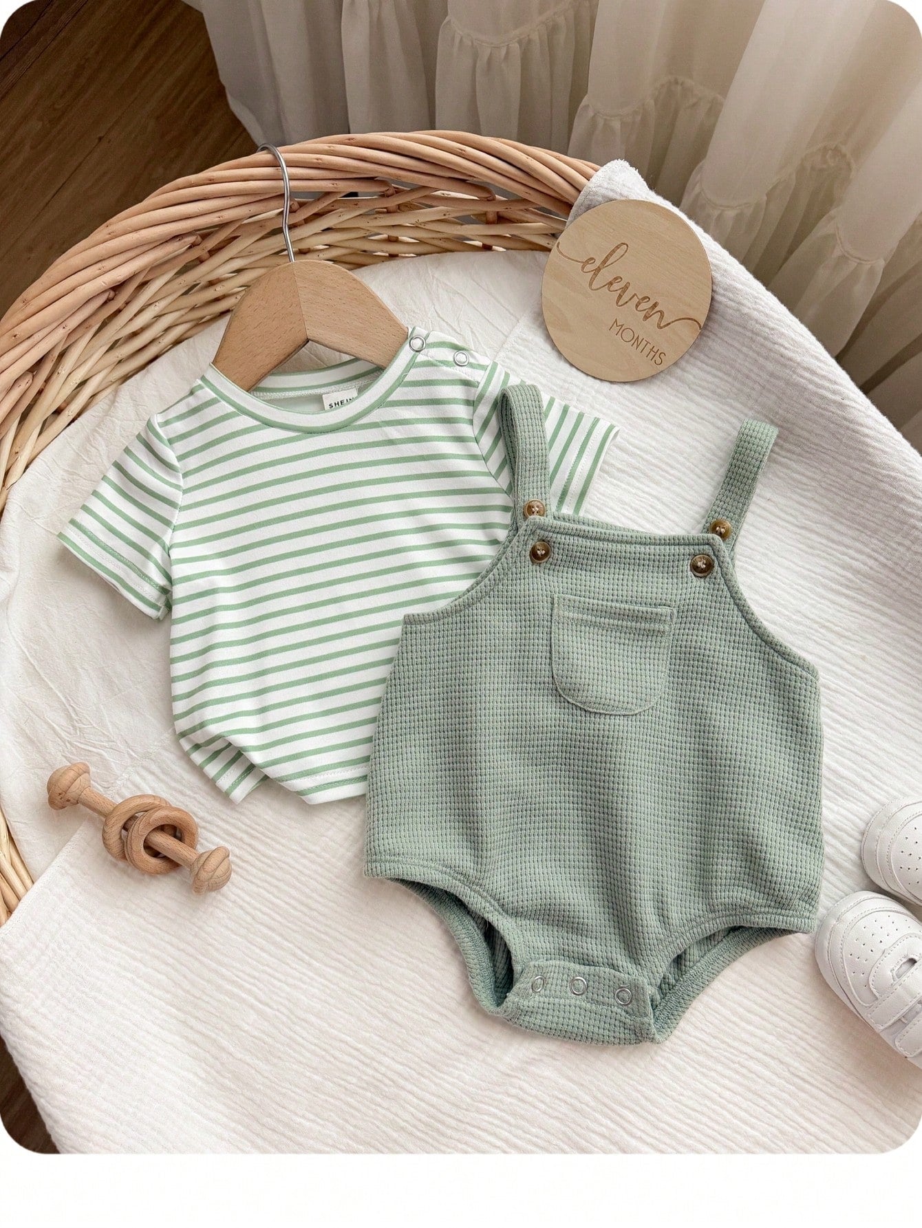Newborn Baby Boy Casual Cute Striped Short Sleeve T-Shirt And Green Jumpsuit Set