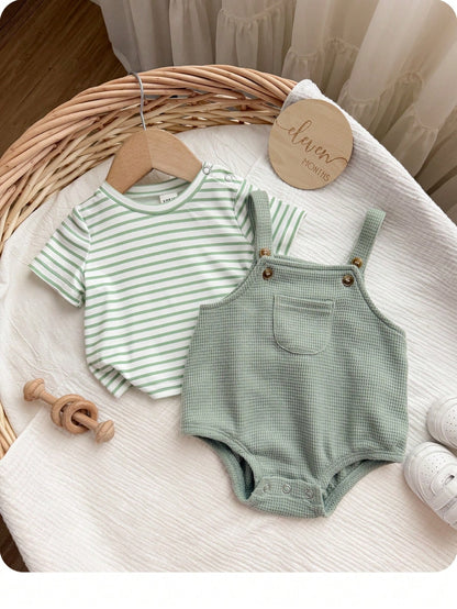 Newborn Baby Boy Casual Cute Striped Short Sleeve T-Shirt And Green Jumpsuit Set