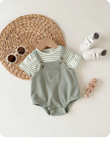 Newborn Baby Boy Casual Cute Striped Short Sleeve T-Shirt And Green Jumpsuit Set
