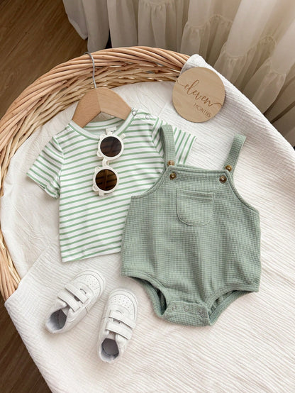 Newborn Baby Boy Casual Cute Striped Short Sleeve T-Shirt And Green Jumpsuit Set