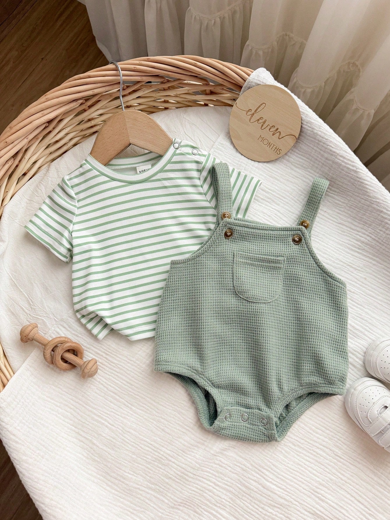 Newborn Baby Boy Casual Cute Striped Short Sleeve T-Shirt And Green Jumpsuit Set