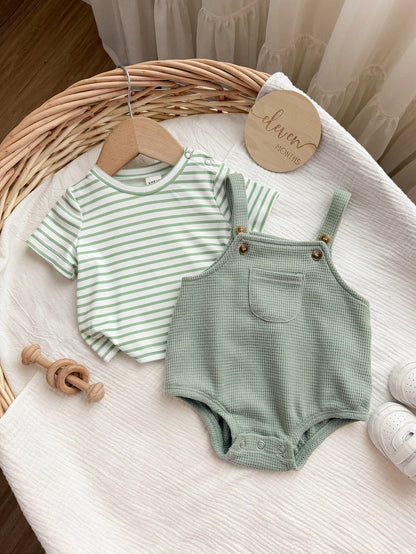 Newborn Baby Boy Casual Cute Striped Short Sleeve T-Shirt And Green Jumpsuit Set
