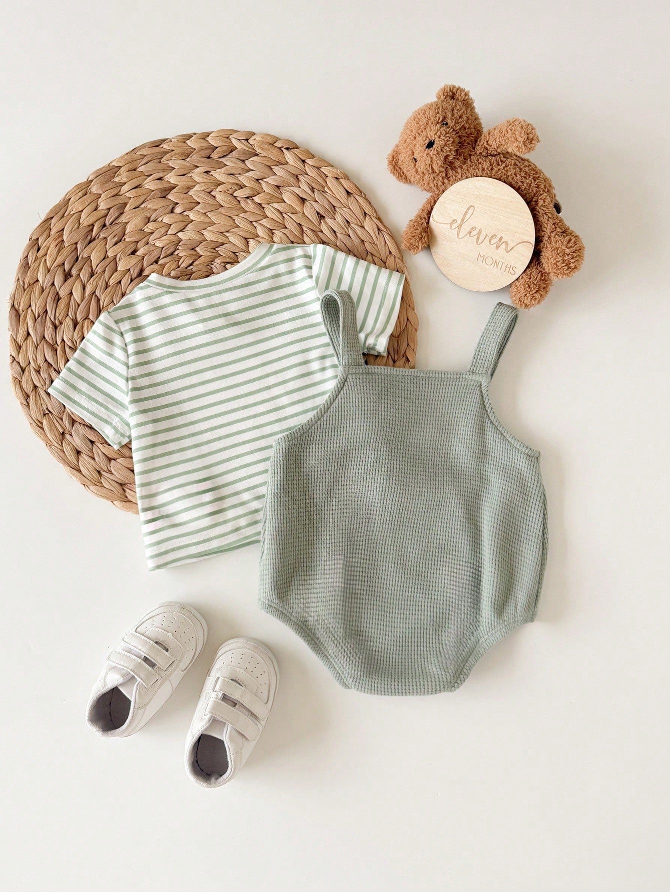 Newborn Baby Boy Casual Cute Striped Short Sleeve T-Shirt And Green Jumpsuit Set