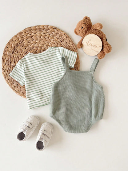 Newborn Baby Boy Casual Cute Striped Short Sleeve T-Shirt And Green Jumpsuit Set