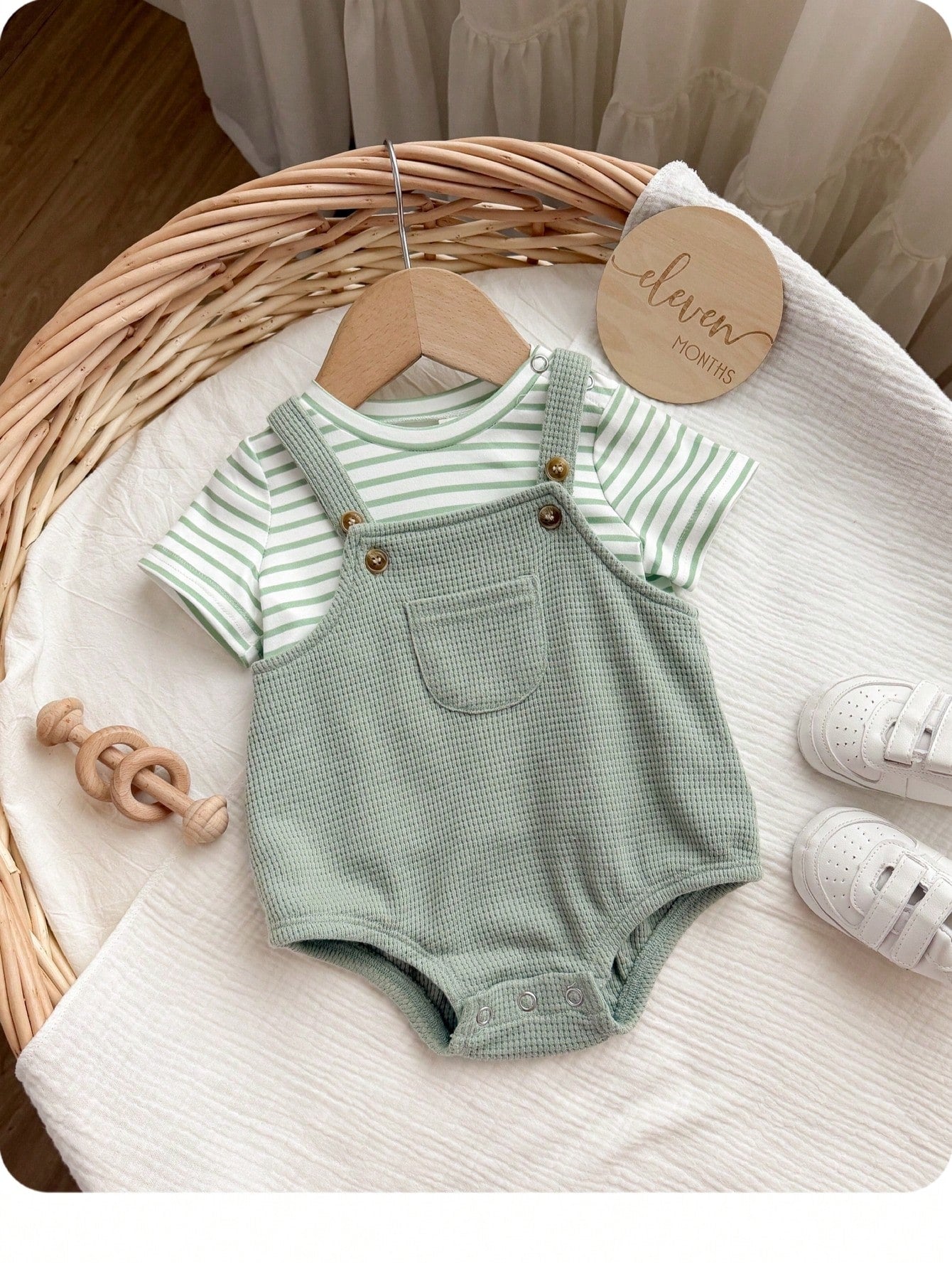 Newborn Baby Boy Casual Cute Striped Short Sleeve T-Shirt And Green Jumpsuit Set
