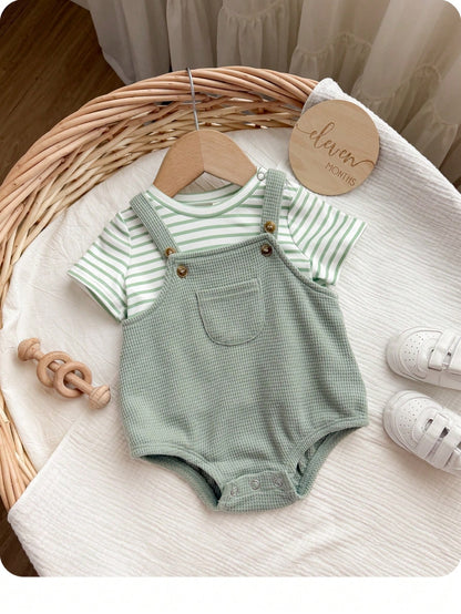 Newborn Baby Boy Casual Cute Striped Short Sleeve T-Shirt And Green Jumpsuit Set