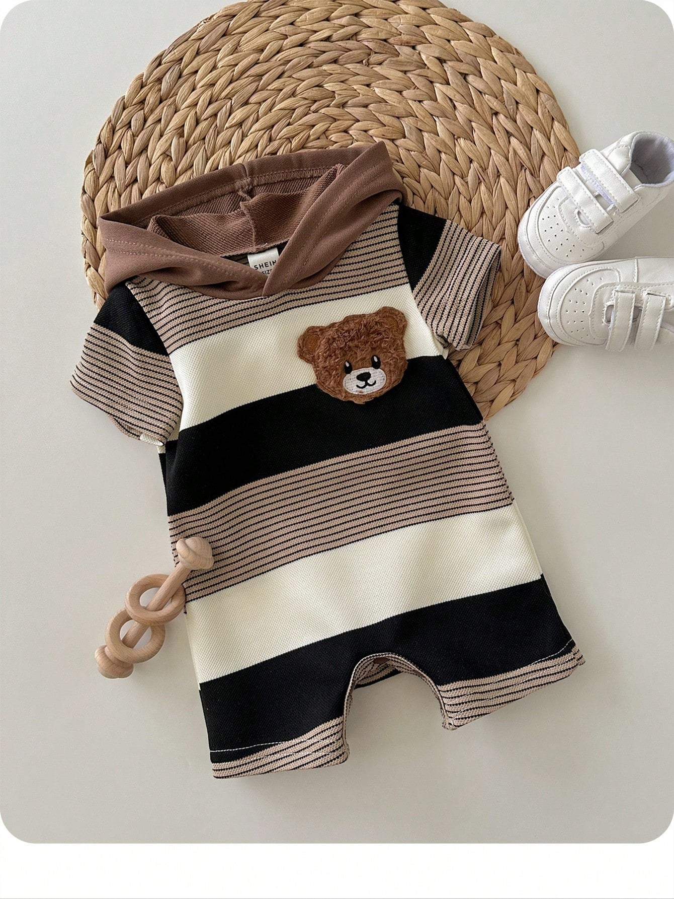 Newborn Baby Boy Cute Summer Knit Patchwork Striped Bear Pattern Hooded Romper