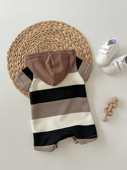 Newborn Baby Boy Cute Summer Knit Patchwork Striped Bear Pattern Hooded Romper