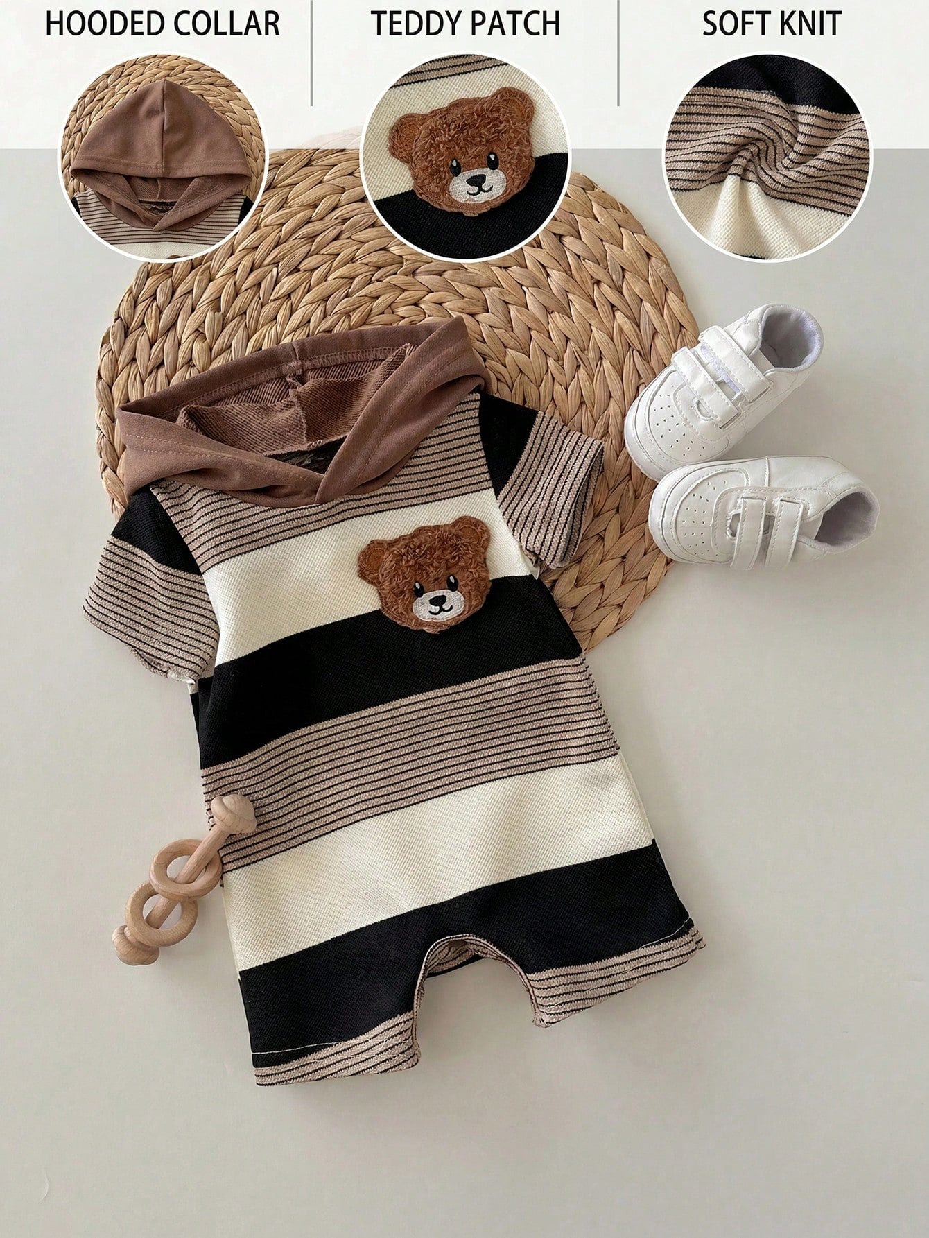 Newborn Baby Boy Cute Summer Knit Patchwork Striped Bear Pattern Hooded Romper