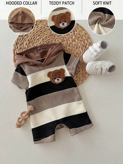 Newborn Baby Boy Cute Summer Knit Patchwork Striped Bear Pattern Hooded Romper