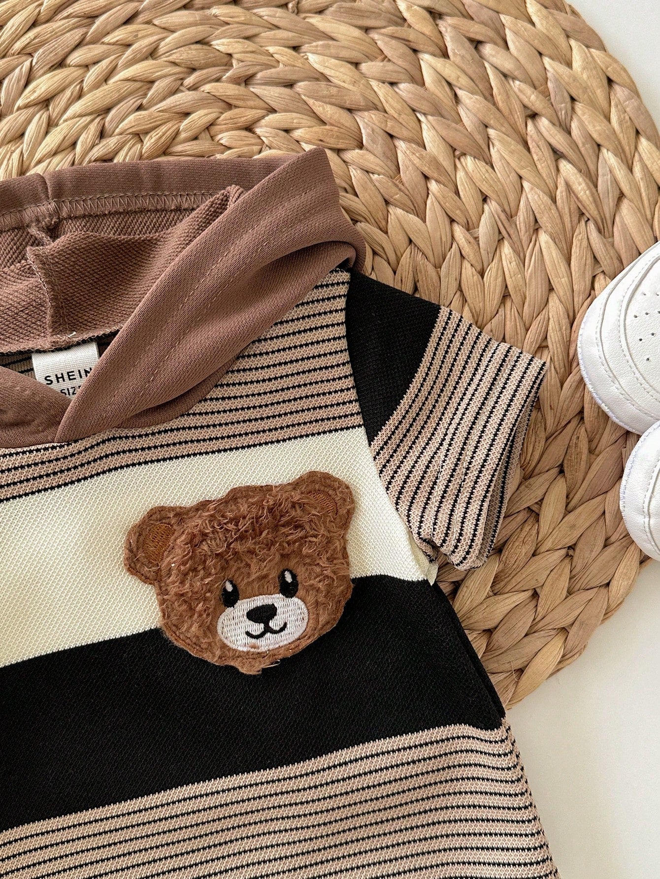 Newborn Baby Boy Cute Summer Knit Patchwork Striped Bear Pattern Hooded Romper