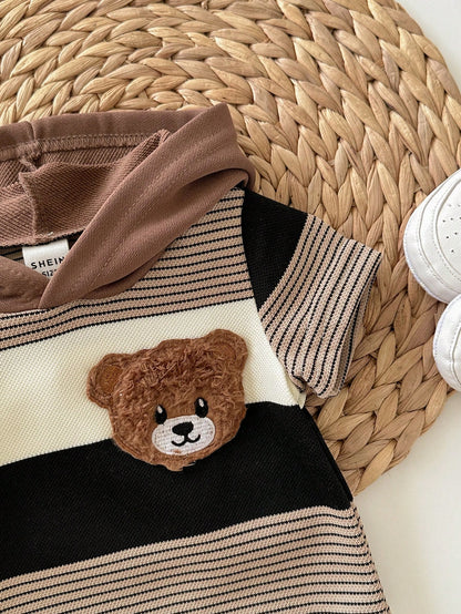 Newborn Baby Boy Cute Summer Knit Patchwork Striped Bear Pattern Hooded Romper