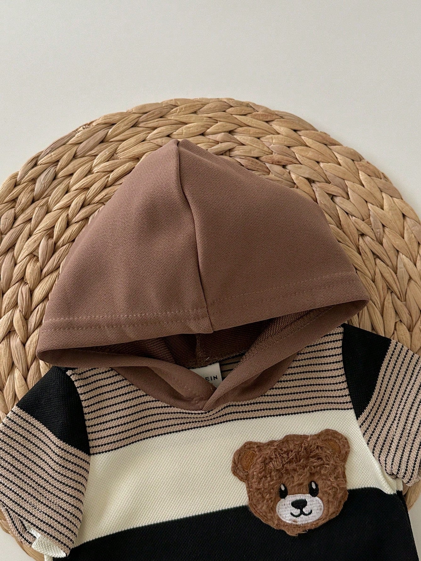 Newborn Baby Boy Cute Summer Knit Patchwork Striped Bear Pattern Hooded Romper