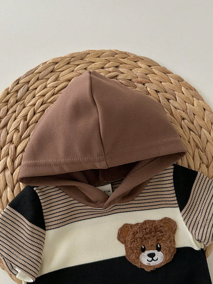 Newborn Baby Boy Cute Summer Knit Patchwork Striped Bear Pattern Hooded Romper