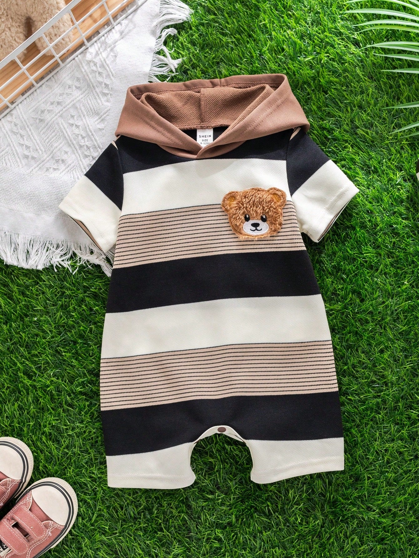 Newborn Baby Boy Cute Summer Knit Patchwork Striped Bear Pattern Hooded Romper