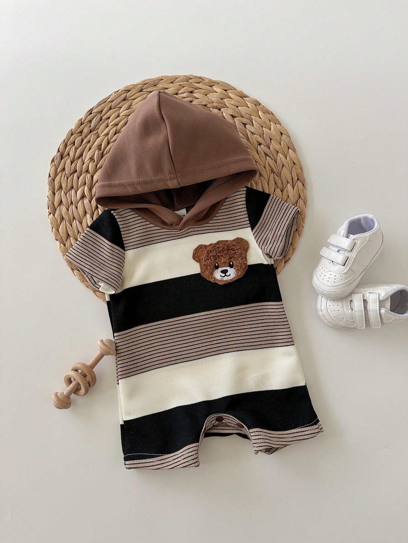 Newborn Baby Boy Cute Summer Knit Patchwork Striped Bear Pattern Hooded Romper