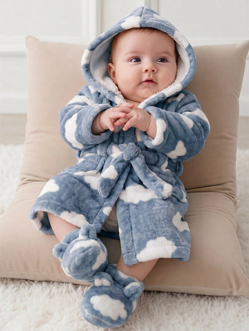 Newborn Baby Boy/Girl Cartoon Clouds Pattern Fleece Thick Hooded Long Sleeve Tie-Front Robe Autumn Winter