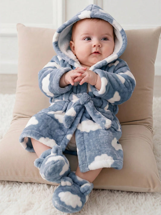 Newborn Baby Boy/Girl Cartoon Clouds Pattern Fleece Thick Hooded Long Sleeve Tie-Front Robe Autumn Winter
