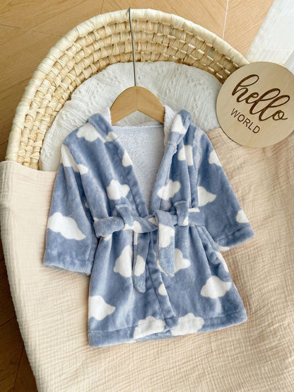 Newborn Baby Boy/Girl Cartoon Clouds Pattern Fleece Thick Hooded Long Sleeve Tie-Front Robe Autumn Winter