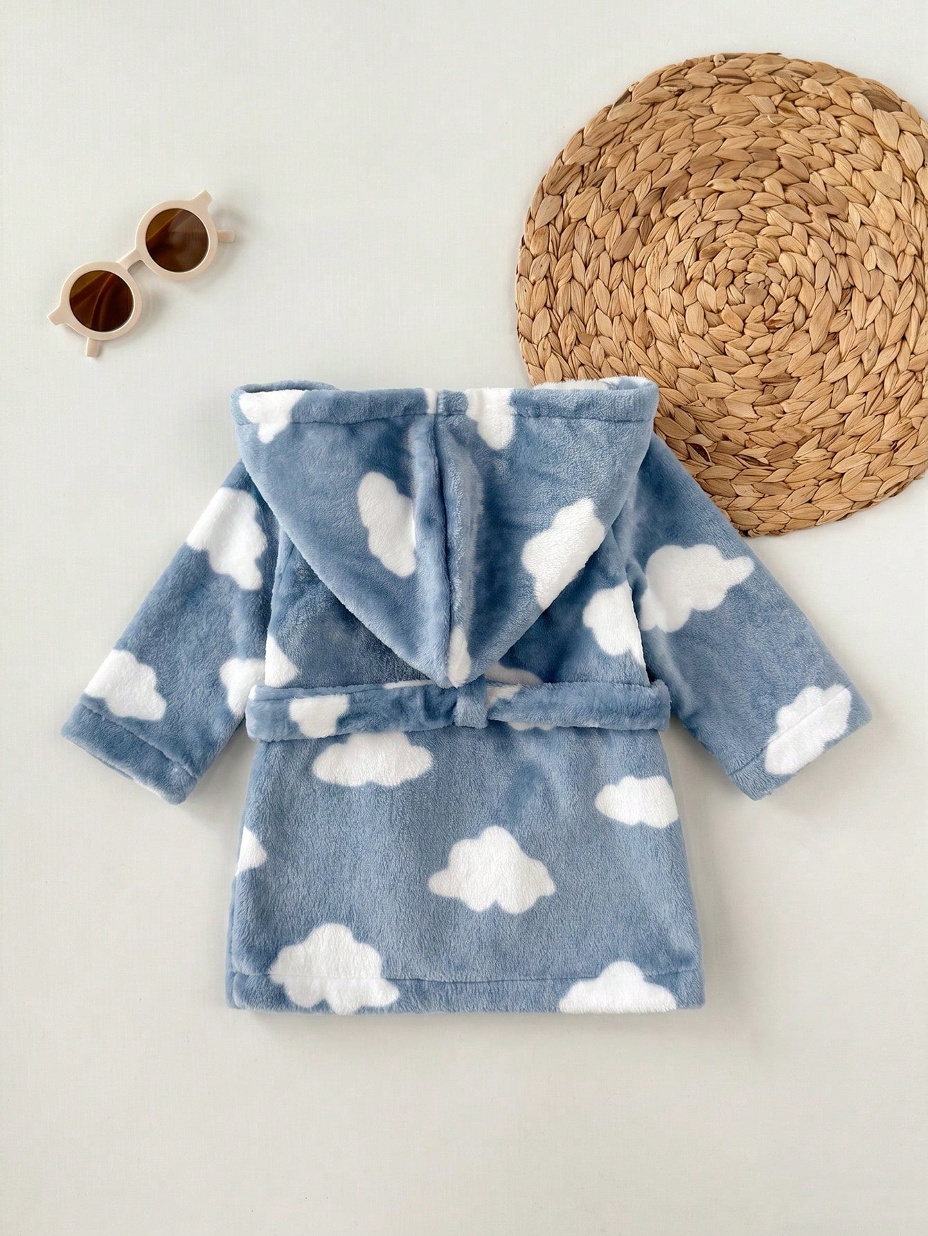 Newborn Baby Boy/Girl Cartoon Clouds Pattern Fleece Thick Hooded Long Sleeve Tie-Front Robe Autumn Winter