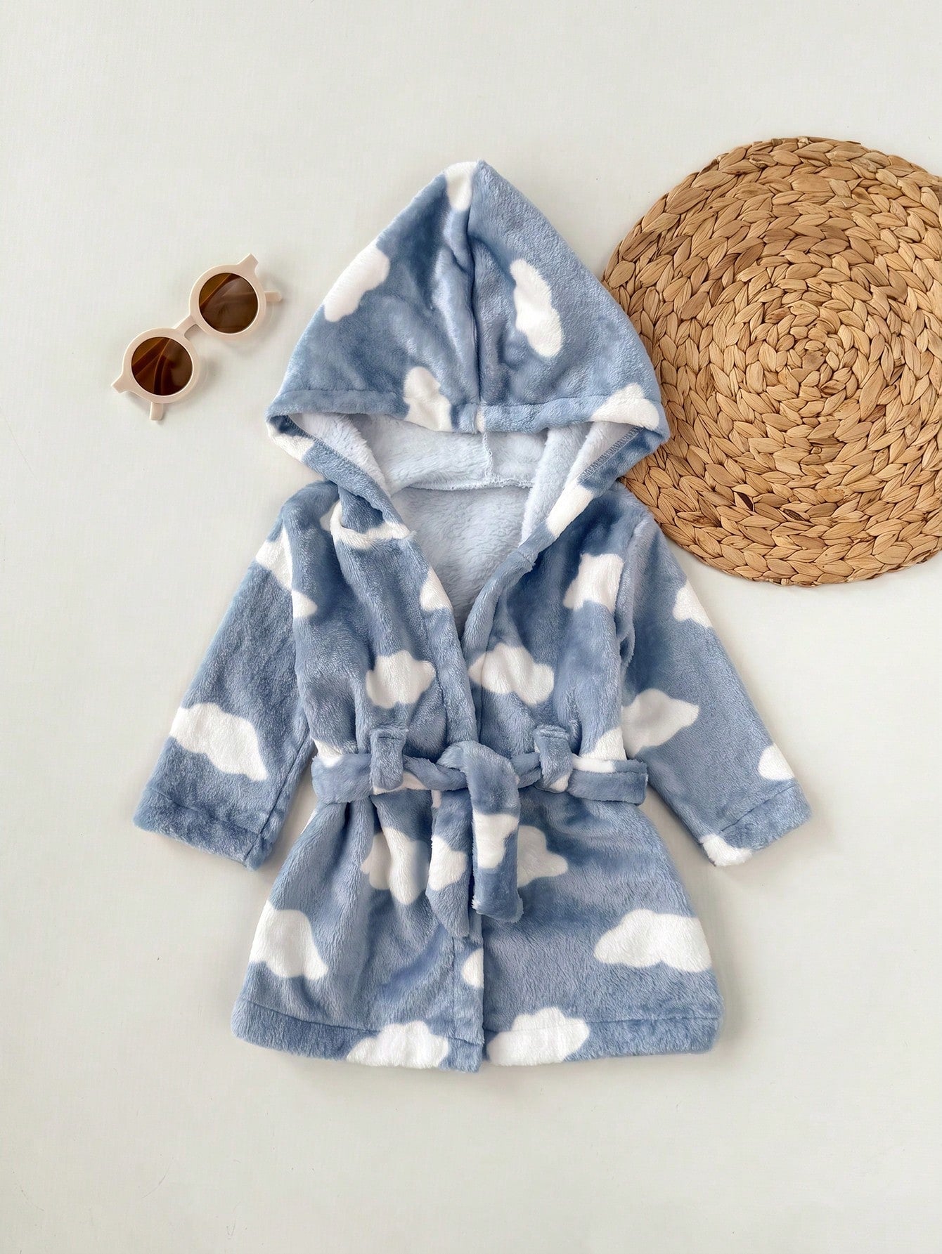 Newborn Baby Boy/Girl Cartoon Clouds Pattern Fleece Thick Hooded Long Sleeve Tie-Front Robe Autumn Winter