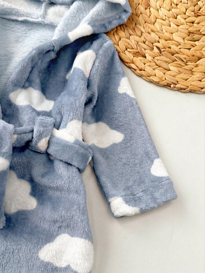 Newborn Baby Boy/Girl Cartoon Clouds Pattern Fleece Thick Hooded Long Sleeve Tie-Front Robe Autumn Winter