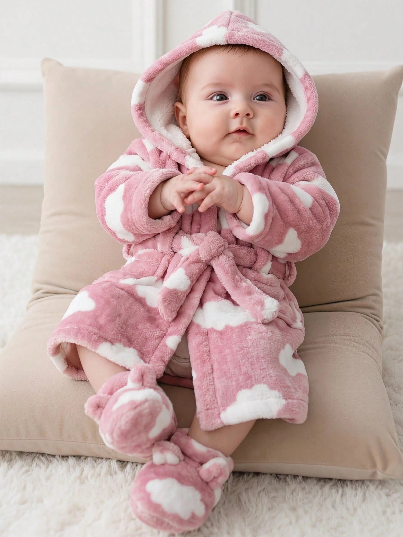 Newborn Baby Boy/Girl Cartoon Clouds Pattern Fleece Thick Hooded Long Sleeve Tie-Front Robe Autumn Winter