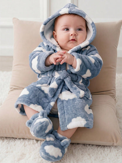 Newborn Baby Boy/Girl Cartoon Clouds Pattern Fleece Thick Hooded Long Sleeve Tie-Front Robe Autumn Winter