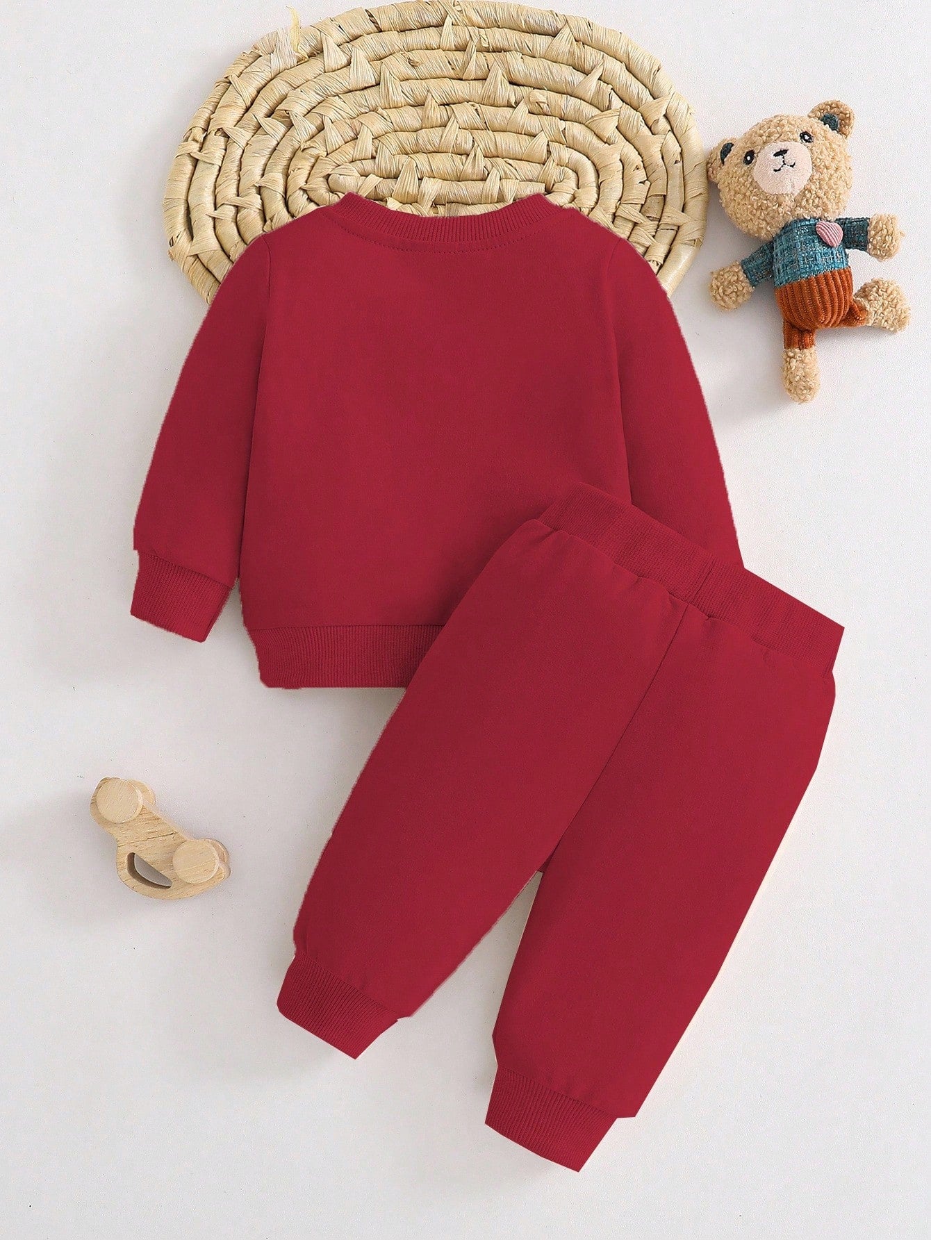 Newborn Baby Cartoon Bear Embroidered Sweatshirt & Pants 2 Pieces Outfit Set,Red Cute Graphic Holiday Clothes For Autumn Christmas Korean Style