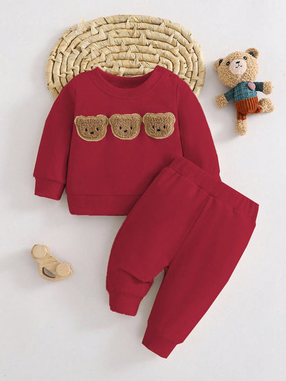 Newborn Baby Cartoon Bear Embroidered Sweatshirt & Pants 2 Pieces Outfit Set,Red Cute Graphic Holiday Clothes For Autumn Christmas Korean Style