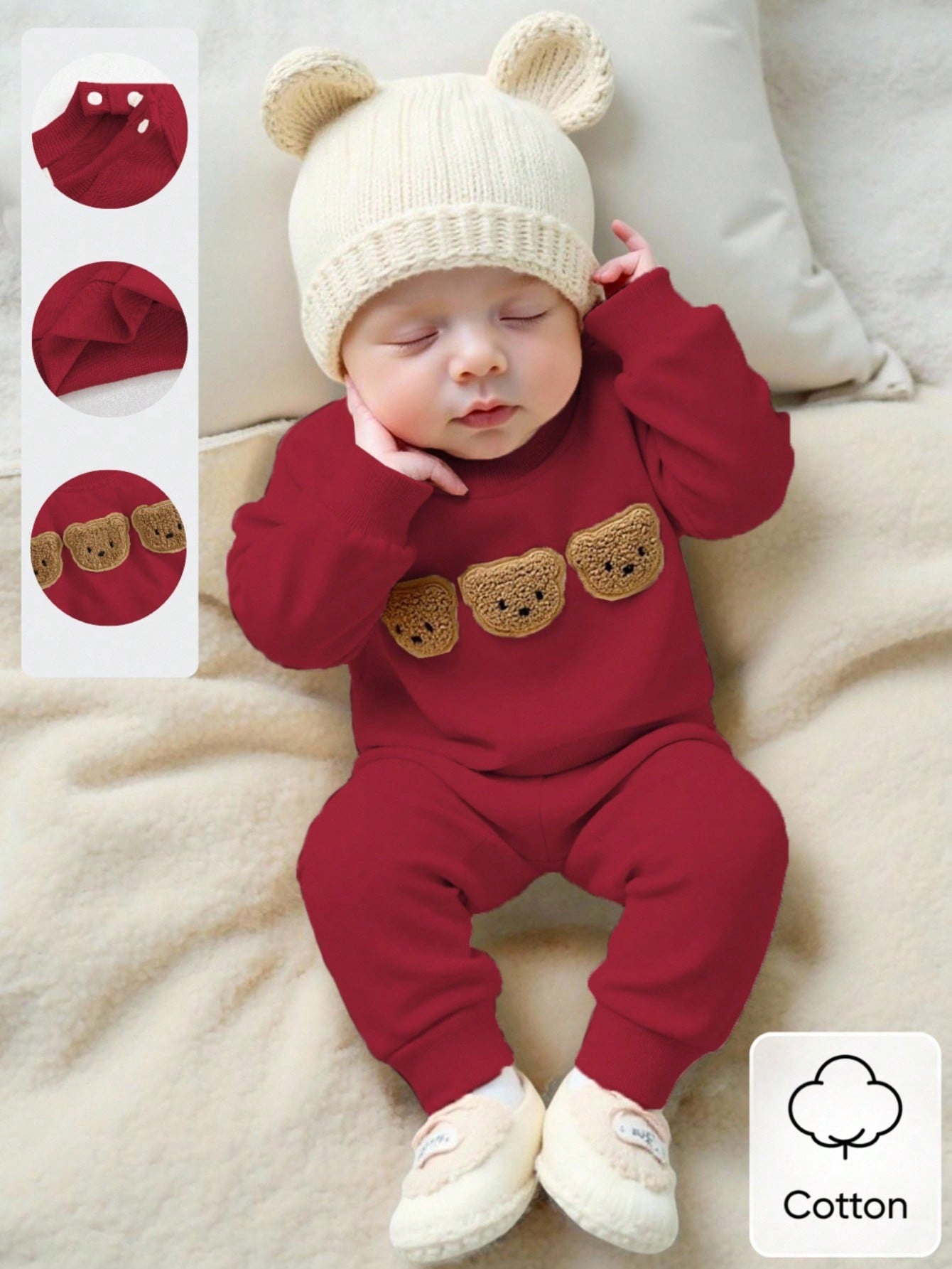 Newborn Baby Cartoon Bear Embroidered Sweatshirt & Pants 2 Pieces Outfit Set,Red Cute Graphic Holiday Clothes For Autumn Christmas Korean Style
