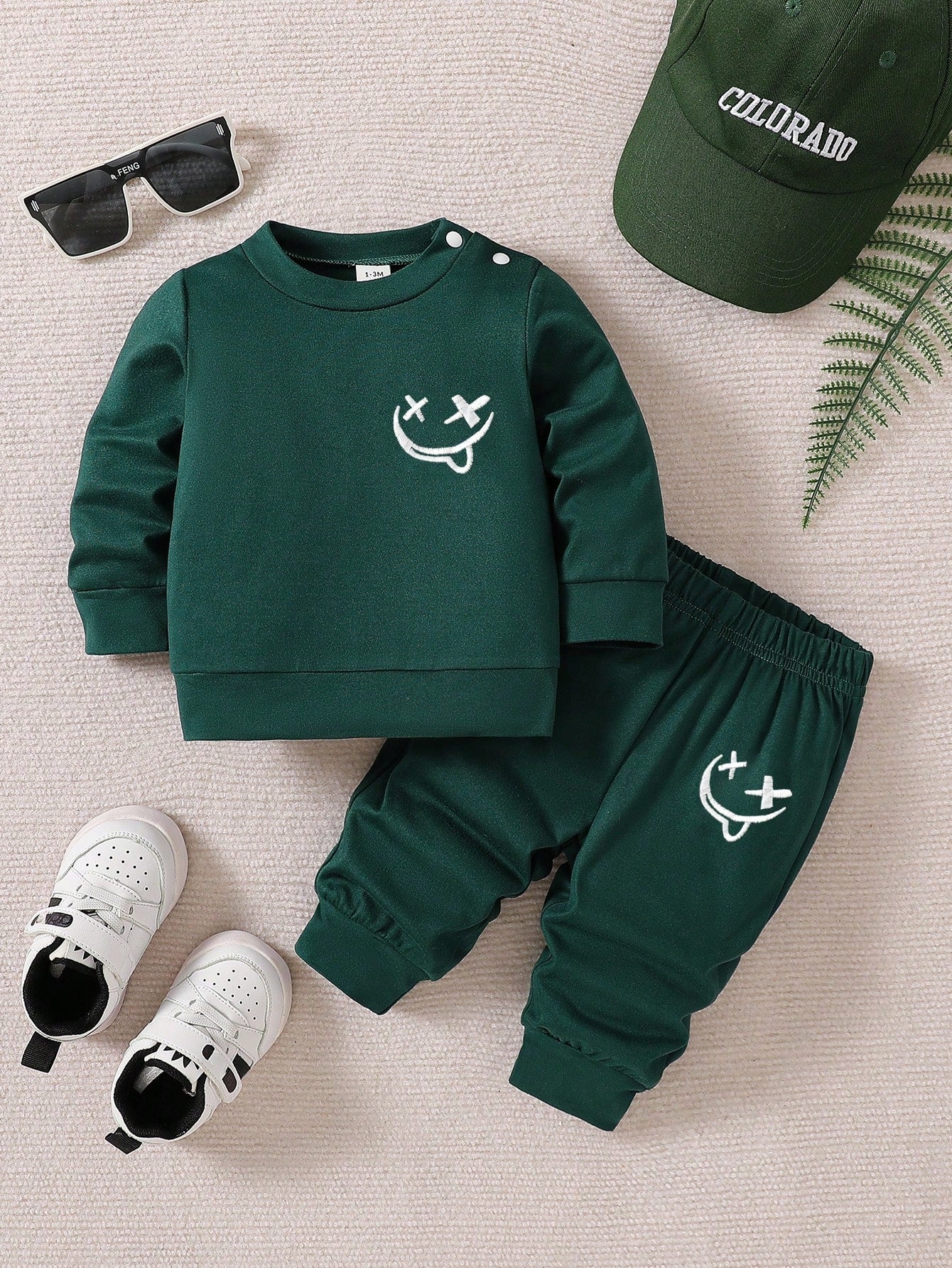 Newborn Baby Cartoon Smiling Face Print Long Sleeve Top And Pants Set