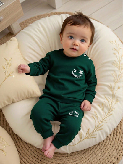 Newborn Baby Cartoon Smiling Face Print Long Sleeve Top And Pants Set