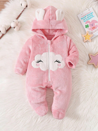 Newborn Baby Girl Cartoon Cloud Pattern Applique Zip Hooded Warm Flannel Romper For Autumn/Winter