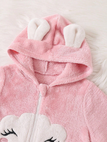 Newborn Baby Girl Cartoon Cloud Pattern Applique Zip Hooded Warm Flannel Romper For Autumn/Winter