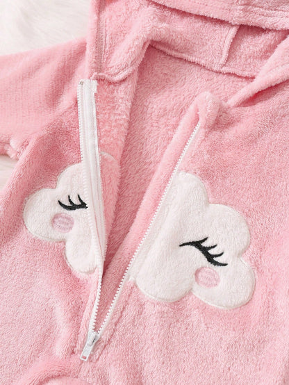 Newborn Baby Girl Cartoon Cloud Pattern Applique Zip Hooded Warm Flannel Romper For Autumn/Winter