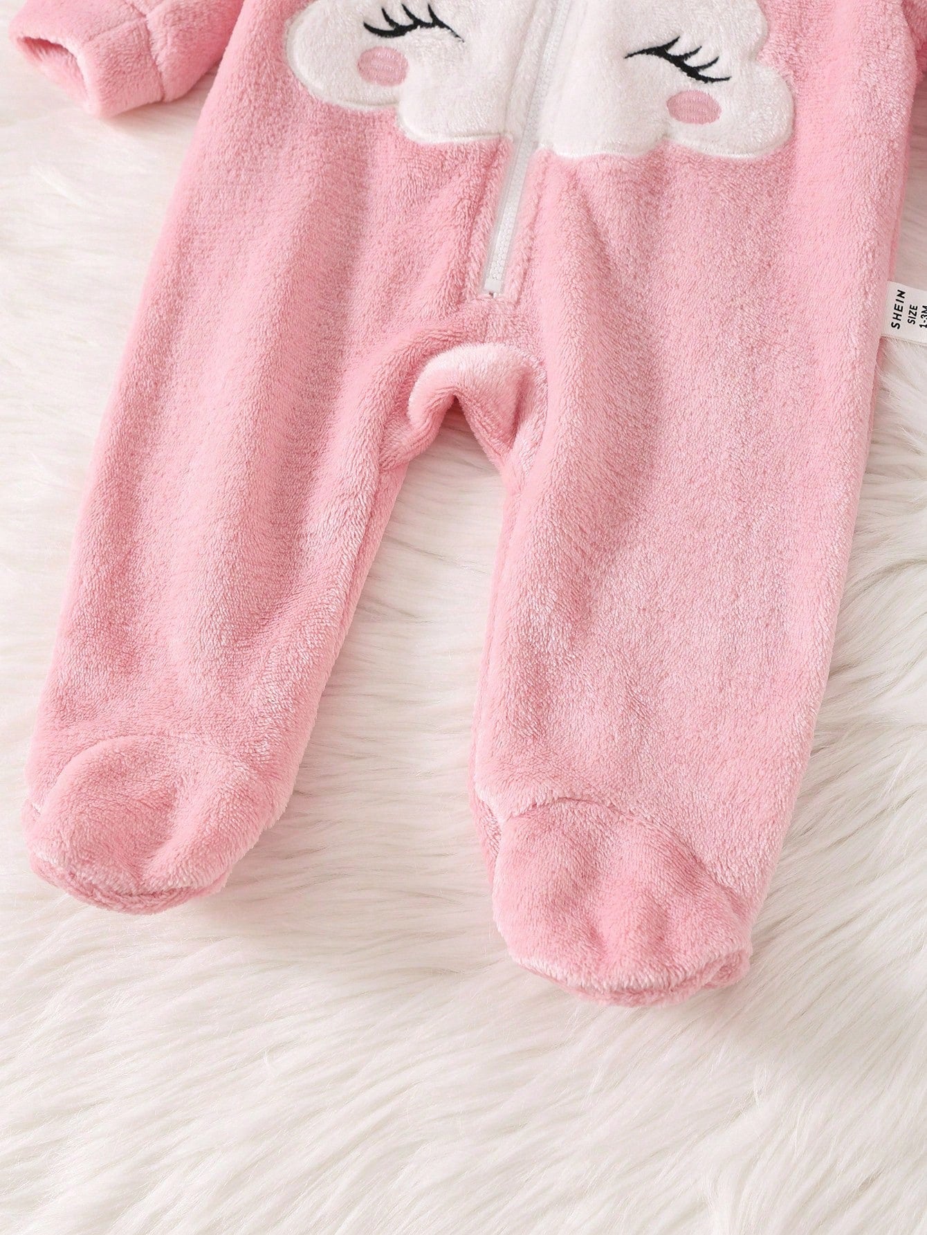 Newborn Baby Girl Cartoon Cloud Pattern Applique Zip Hooded Warm Flannel Romper For Autumn/Winter