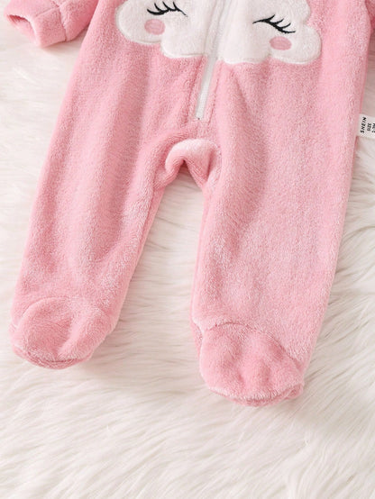 Newborn Baby Girl Cartoon Cloud Pattern Applique Zip Hooded Warm Flannel Romper For Autumn/Winter
