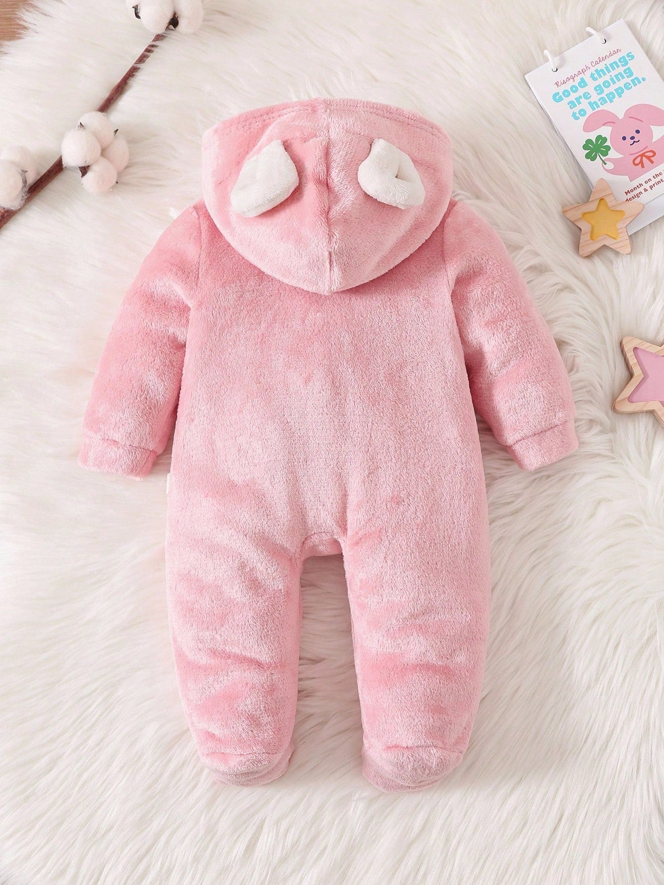 Newborn Baby Girl Cartoon Cloud Pattern Applique Zip Hooded Warm Flannel Romper For Autumn/Winter